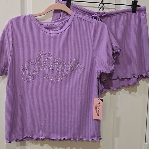 Juicy Couture Rhinestone Logo 2-PC Ribbed Short & Tee PJ Set - Picture 5 of 6